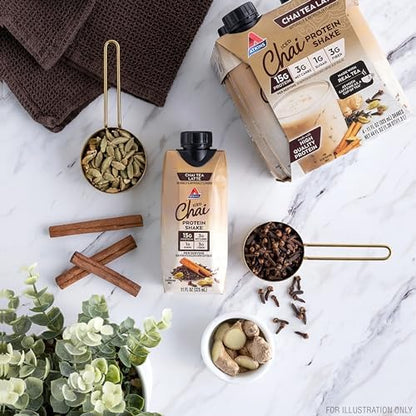 Atkins Chai Tea Latte Flavored Protein Shake, High Protein Shake, Low Glycemic, Low Carb, Low Sugar, Keto Friendly, Gluten Free, 12 count (3 sets of 4)