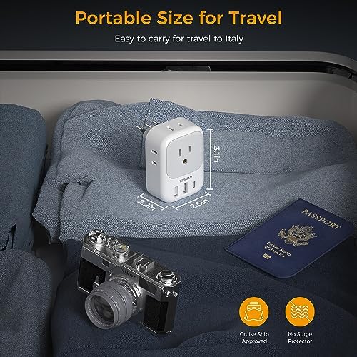 Italy Travel Plug Adapter 2 Pack, TESSAN Italy Power Adaptor with 4 Outlets 3 USB Charger (1 USB C Port), Type L Adapter for US to Chile Ethiopia Libya Syria Tunisia Uruguay