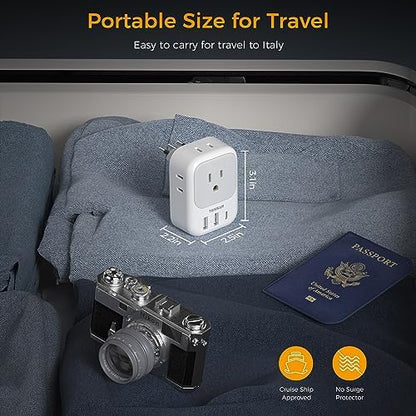 Italy Travel Plug Adapter 2 Pack, TESSAN Italy Power Adaptor with 4 Outlets 3 USB Charger (1 USB C Port), Type L Adapter for US to Chile Ethiopia Libya Syria Tunisia Uruguay
