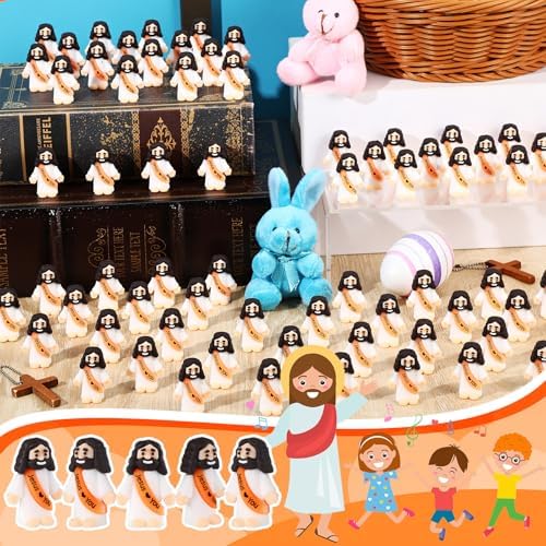 Bememo 100 Pcs Little Jesus Figures Jesus Loves You Original Design Rubber Pocket Toys Little Figures to Hide and Seek Sunday School Religious Party Share Gifts(Orange)