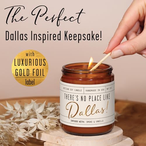Dallas Gifts, Dallas Decor for Home - 'There's No Place Like Dallas Candle, w/Teakwood, Tobacco & Leather I Dallas Souvenirs I 9oz Jar, 50Hr Burn, Made in USA