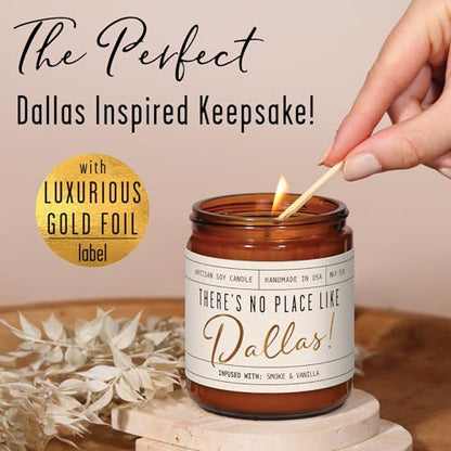 Dallas Gifts, Dallas Decor for Home - 'There's No Place Like Dallas Candle, w/Teakwood, Tobacco & Leather I Dallas Souvenirs I 9oz Jar, 50Hr Burn, Made in USA