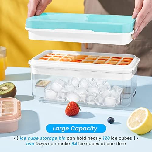 Ice Cube Tray with Lid and Bin, PHINOX 64 pcs Ice Trays for Freezer, Ice Cube Trays for Freezer with 2 trays, Container, Lid & Ice Scoop, BPA Free