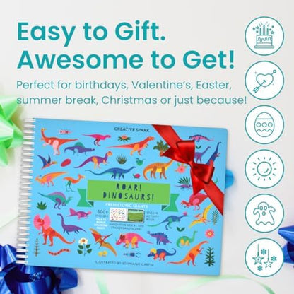 Cupkin Dinosaur Sticker Book Activity for Kids, Toddler Airplane Travel Essentials, 500+ Dino Stickers for Kids + 12 Scenes + 12 Coloring Book Pages, Dinosaur Lover Gift, Crafts Ages 2-8