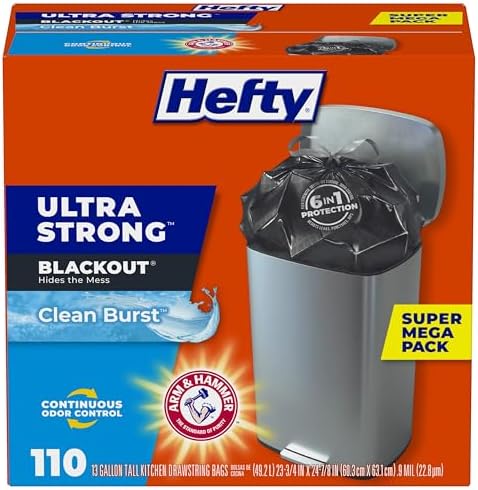 Hefty Ultra Strong 13 Gallon Trash Bags, Black Tall Kitchen Trash Bags 13 Gallon Size, Break Resistant Drawstring Enclosure, Continuous Odor Control, Blackout, Clean Burst Scent, 110 Bags