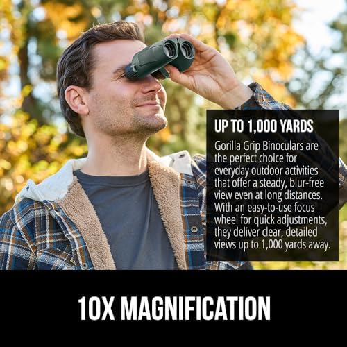 GORILLA GRIP 10x25 Compact Binoculars for Adults with Strap, Superior High Powered Clear 10X Magnification, Lightweight, Bird Watching, Hunting, Stargazing, Adjustable Eye Cups, Green