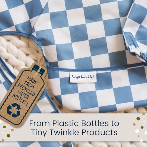 Tiny Twinkle Mess Proof Baby Bib,Waterproof Smock Baby Bib for Eating,Machine Washable Long Sleeve Bib,Baby Led Weaning,Toddler Bib,BLW Supplies(Checkers Sage, Small 6-24 Months)