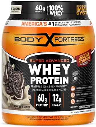 Body Fortress Super Advanced Whey Protein Powder, Cookies N’ Creme, 60g Protein & 12g BCAAs Per 2 Scoops, Muscle Gain & Recovery, Immune Support with Vitamins C & D, 1.78lbs (Packaging May Vary)