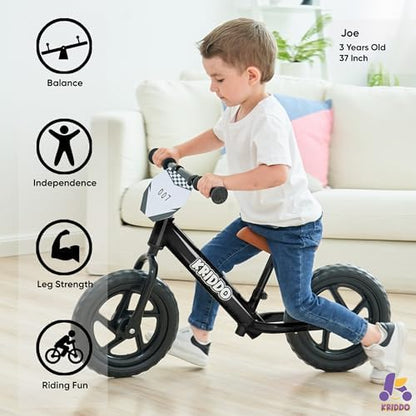 KRIDDO Toddler Balance Bike 2 Year Old,12 Inch Push Bicycle with Customize Plate (3 Sets of Stickers Included), Steady Balancing, Gift Bike for 2-5 Boys Girls, Black