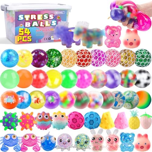 54 Pack Stress Balls, Squishy Balls, Squeeze Balls for Adults, Stress Relief Balls, Prize Box Stuffers, Party Favors