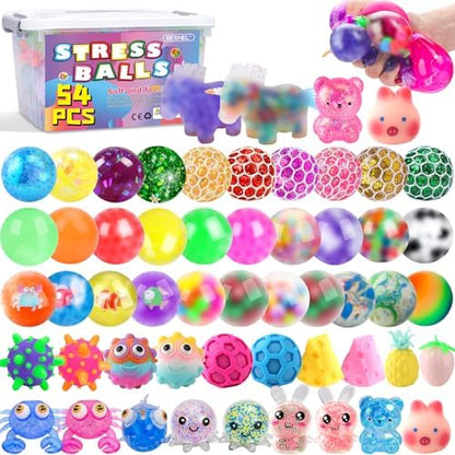 54 Pack Stress Balls, Squishy Balls, Squeeze Balls for Adults, Stress Relief Balls, Prize Box Stuffers, Party Favors
