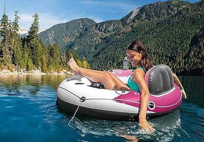 INTEX 58824EP River Run 1 Inflatable Floating Lounge: Comfortable Backrest – Built-in Cup Holders – Durable Grab Handles – All Around Grab Rope – 220lb Weight Capacity – Pink