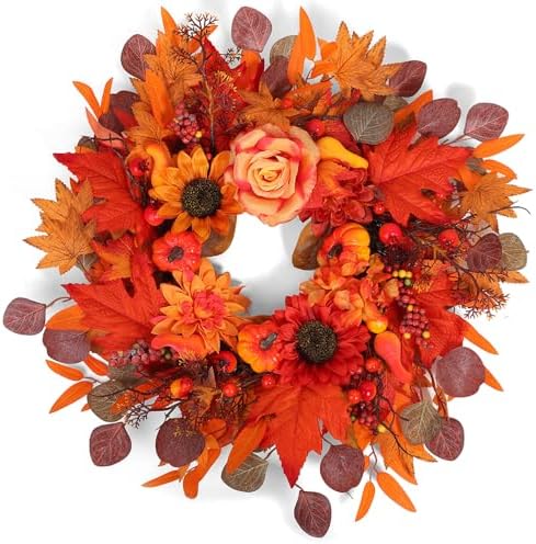 24" Fall Wreath for Front Door Outside - Sunflower, Pumpkin, Berry & Maple Leaves | Weatherproof Autumn Outdoor Wreaths with Hanger Hook for Thanksgiving, Harvest