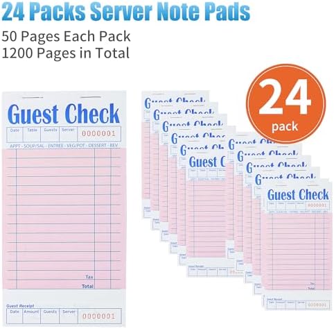 24 Pack Pink Guest Checks Books for Servers Server Note Pads, Waiter Checkbook, Waitress Notepad for Restaurants, Paper Checks 50 Sheets/Pack, 1200 Total Tickets