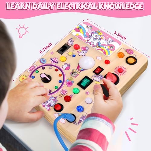 Unicorn Busy Board, Montessori Wooden Toddler Toys, Sensory Travel Toys, Ideal Gift for 1+ Year Old Girls (Unicorn Busy Board Plus V2)