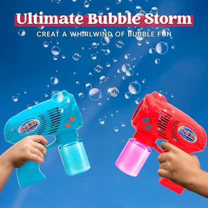 JOYIN 2 Bubble Guns with 2 Refill Solution (10 oz Total), Bubbles Maker, Blower, Machine Gun Blaster for Kids, Toddlers, Outdoors Activity, Party, Birthday Gift, Easter Toys (Blue+Red)