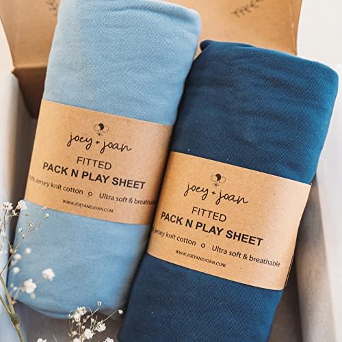 Pack and Play Sheets Fitted – Compatible with Graco Pack n Play Playard Crib and Other 27 x 39 Inch Playpen Mattress – Snuggly Soft 100% Jersey Cotton – Dusty Blue + Navy – 2 Pack
