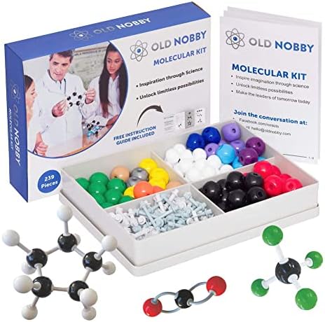 OLD NOBBY Organic Chemistry 239 Piece Model Kit - Molecular Model Kit with Atoms, Bonds, Instructional Guide, Bond Removal Tool, and Bonus Molecular Stencil