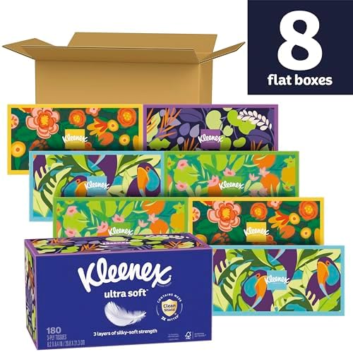 Kleenex Ultra Soft Facial Tissues, 8 Flat Boxes, 180 Tissues per Box, 3-Ply, Packaging May Vary