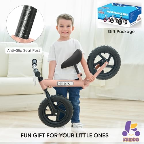 KRIDDO Toddler Balance Bike 2 Year Old, Age 24 Months to 5 Years Old, 12 Inch Push Bicycle with Customize Plate (3 Sets of Stickers Included), Steady Balancing, Gift Bike for 2-3 Boys Girls, Pink