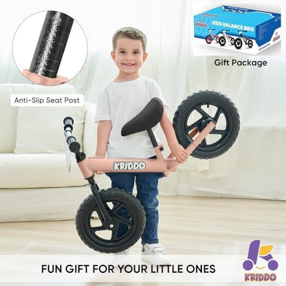 KRIDDO Toddler Balance Bike 2 Year Old, Age 24 Months to 5 Years Old, 12 Inch Push Bicycle with Customize Plate (3 Sets of Stickers Included), Steady Balancing, Gift Bike for 2-3 Boys Girls, Pink