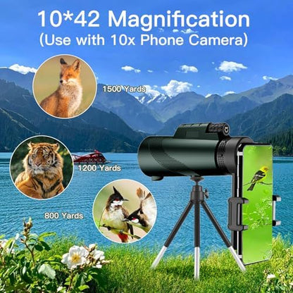 10X42 HD Monocular for Adults, Military Grade Compact Monocular Telescope with BAK-4 Prism & FMC Lens & Smartphone Holder & Tripod, Stargazing Hunting Bird Watching, Camping Hiking Travel Accessories