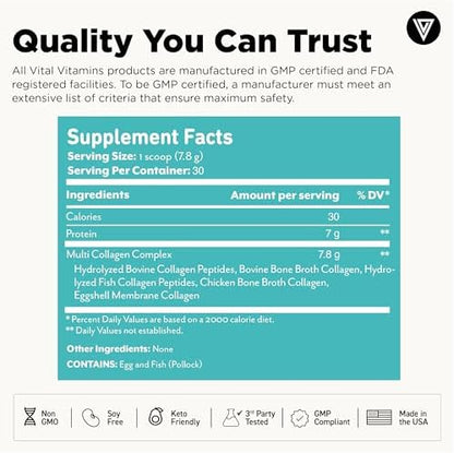 Vital Vitamins Multi Collagen Peptides Powder - Unflavored, Easy to Dissolve - Type I, II, III, V, X - for Women & Men - Promotes Hair, Skin, Nails, & Joint Health - 30 Servings