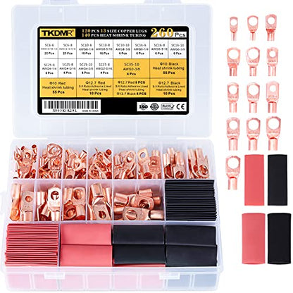 TKDMR 260Pcs Copper Wire Lugs AWG2 4 6 8 10 12 with Heat Shrink Set, 120Pcs Battery Cable Lugs Battery Cable Ends Ring Terminals Connectors with 140Pcs Heat Shrink Tubing Assortment Kit