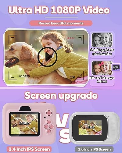Kids Camera Instant Print,1080P Kids Instant Cameras That Print Photos,Christmas Birthday Gifts for Girls Age 3-12,Portable Toy for 3 4 5 6 7 8 9 10 Year Old Girls Boys Pink