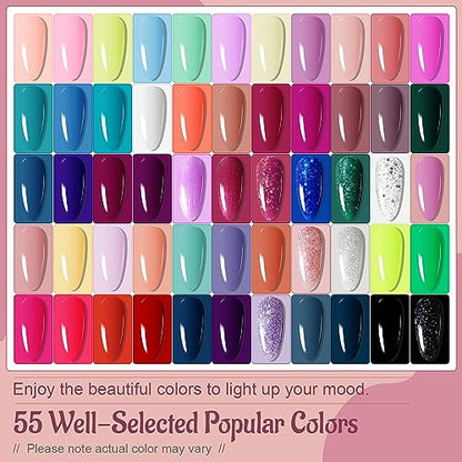 JODSONE Gel Nail Polish Kit 60 PCS with U V Light Soak off Base Top Coat 55 Shine Colors Gel Nail Kit Bright and Dark Brown Wine Red Series Manicure Set for Women and Girls