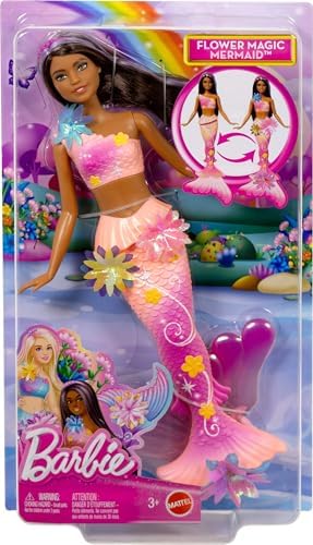 Barbie Mermaid Toy Dolls with Surprise Magic Blooming Flowers Feature, Ombre Tails, Pearl Headband Accessory & Long Brown Hair with Purple Highlights