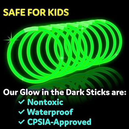 PartySticks Green Glow Sticks - 100pk, 8 Inch Glow in the Dark Light Up Sticks and Connectors for Party Favors, Decorations, Necklaces and Bracelets