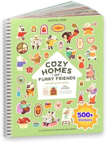 Cozy Homes of Furry Friends Sticker + Coloring Book (500+ Calendar Stickers for Kids & 12 Coloring Pages) Side by Side Activity Book, Fun Sticker Books, Boys & Girls Ages 2-4 4-8, 8-10