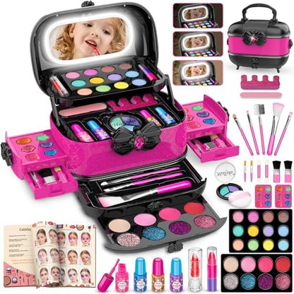 58Pcs Kids Makeup Kit for Girl - Real Washable Cosmetic Set with Light Up Mirror - Kids Makeup Sets for Girls -Play Make Up Birthday for Age 3 4 5 6 7 8 9 10 11 12 Years Old Kid -Rose