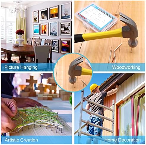 376pcs Hardware Assortment Kit With 2" Nails & 8oz Claw Hammer for Hanging Pictures, Finishing, Wall, Small, Wood Nails and Hammer