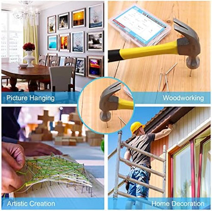 376pcs Hardware Assortment Kit With 2" Nails & 8oz Claw Hammer for Hanging Pictures, Finishing, Wall, Small, Wood Nails and Hammer