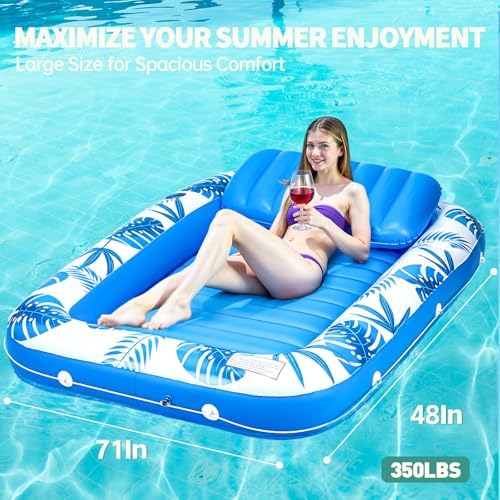 Pool Floats Inflatable Tanning Pool Lounger Float, 71" x 48" Large Pool Floats Adult with Pillow & Drink Holder,Sunbathing Water Lounge Floaties Tub Raft for Lake, Backyard, Beach Pool Party