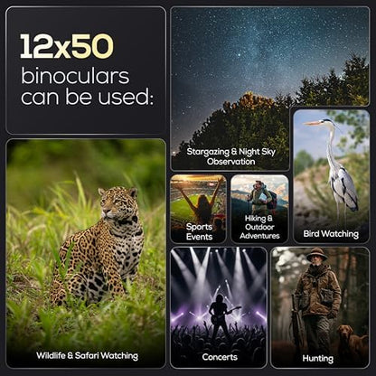 12x50 High Power Binoculars for Adults – HD Waterproof Binoculars with BaK-4 Prism, Phone Adapter & Tripod Mount – Bird Watching, Hunting, Stargazing, Travel, Cruise - Jet Black