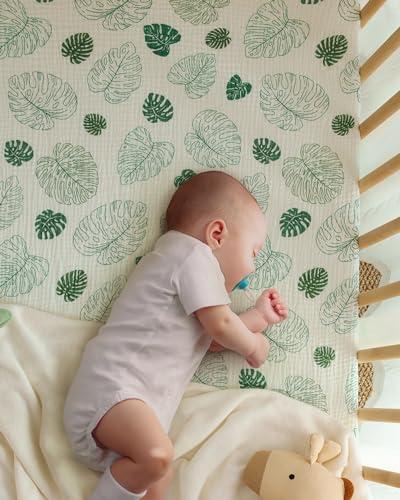 Blissful Diary Muslin Crib Sheets for Girl Boy, Boho Neutral Soft Cotton Baby Sheet for 52''x28'' Standard Crib Mattress, 2 Pack(Monstera&Dark Green)