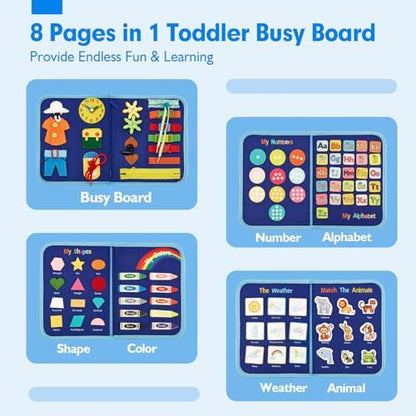 hahaland Busy Board for Toddlers - Montessori Toys Preschool Learning Activities with Life Skills, Alphabet, Number, Shape, Color, Animal, Weather - Toddler Boy Learning Educational Toys, Travel Toys