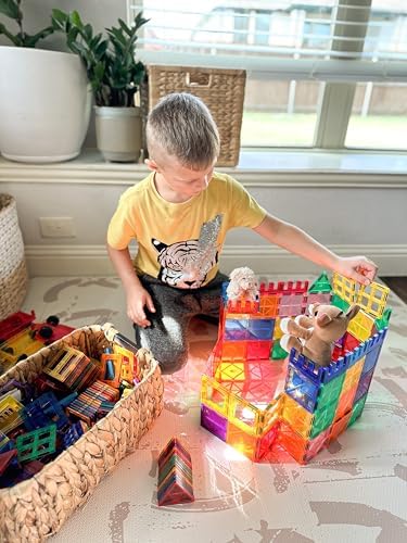 100PCS Magnetic Tiles STEM Building Toys Set with 2 Cars, Sensory Stacking Magnetic Blocks for Toddlers & Kids, Ideal for Preschool Montessori Toys Christmas Birthday Gifts for Boys & Girls Ages 3+