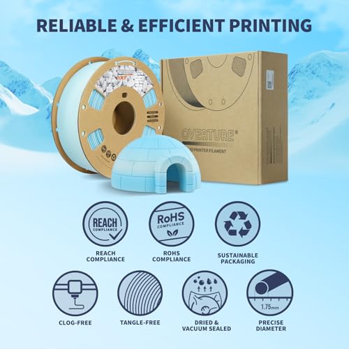 OVERTURE Rock PLA Filament 1.75mm, Marble PLA 3D Printer Filament 1kg Spool (2.2lbs), Dimensional Accuracy +/- 0.02 mm, Fit Most FDM Printer (Glacier Blue)