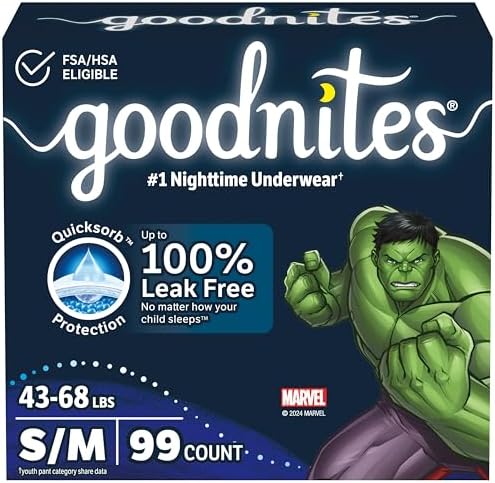 Goodnites Boys' Bedwetting Underwear, Size S/M (43-68 lbs), 99 Ct (3 Packs of 33), Packaging May Vary