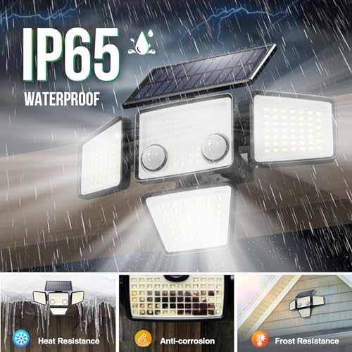 Solar Outdoor Lights - 3000LM 188 LED Motion Sensor Outdoor Lights, 4 Heads Security Light,IP65 Waterproof, Easy Install,270°Wide Angle Flood Wall Light with 3 Modes for Backyard Yard (2 Pack)