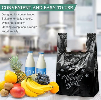 1000 Count Black “Thank You” T-Shirt Bags – Reusable & Disposable Grocery & Supermarket Carry Bags, 11"x6"x21"