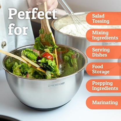 Priority Chef Premium Mixing Bowls With Lids Set, Airtight Lids, Thicker Stainless Steel Mixing Bowl Set, Large Prep Metal Bowls, Nesting Bowls for Kitchen, 1.5/2/3/4/5 Qrt, Black