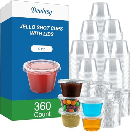 360 Set 4 oz Jello Shot Cups with Lids, Sturdy & Food Safe Disposable Plastic Portion Condiment Dipping Sauce Cups, Small Containers for Salad Dressing