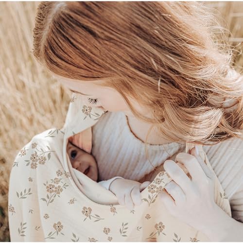 Konssy Muslin Nursing Cover for Baby Breastfeeding, Breathable 100% Cotton Breastfeeding Cover with Rigid Hoop for Mother Nursing Apron, Multi-use Carseat Canopy (Blossom)