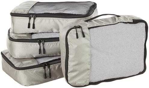 Amazon Basics 4 Piece Packing Cubes with Double Zipper and Mesh Top, Travel Organizer Set, Medium, Gray