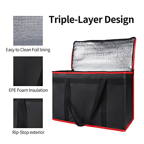 Bodaon Insulated Food Delivery Bag, XX-Large Reusable Grocery Shopping Bags, Picnic Cooler Bag Zipper/Zippered Top Cold, Black with Red Edge, 2-Pack